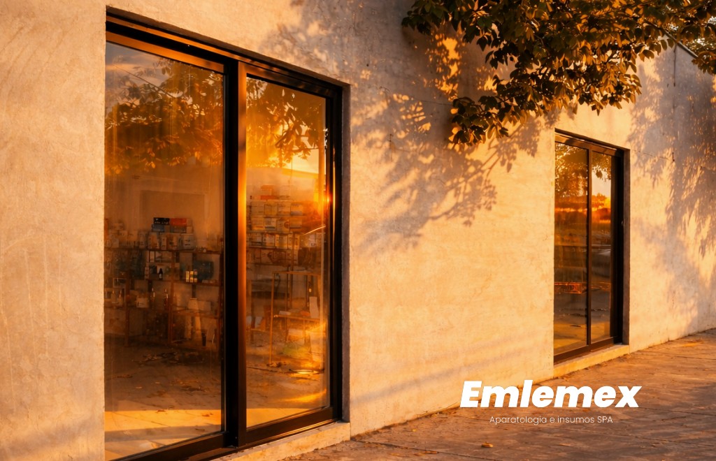 Fachada nocturna de la bodega emlemex — Mérida, Yucatán